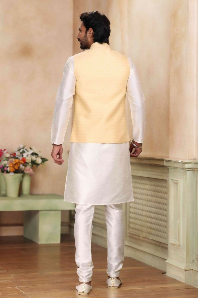 Raivat Ethnic Jacquard Banarasi Silk Woven Work 3 Pics Jacket Set In Yellow Colour | Grocsy