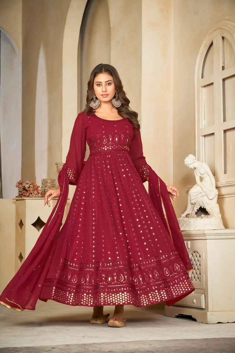 Jyoti Fashion Women's Maroon Georgette Embroidered Anarkali Kurta Pant Set With Dupatta | Grocsy