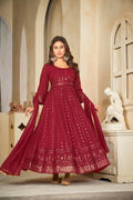 Jyoti Fashion Women's Maroon Georgette Embroidered Anarkali Kurta Pant Set With Dupatta | Grocsy