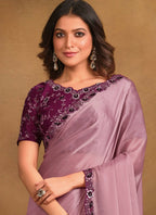 Purple Satin Silk Designer Saree with Unstitched Blouse - Norita Mahitha | Grocsy
