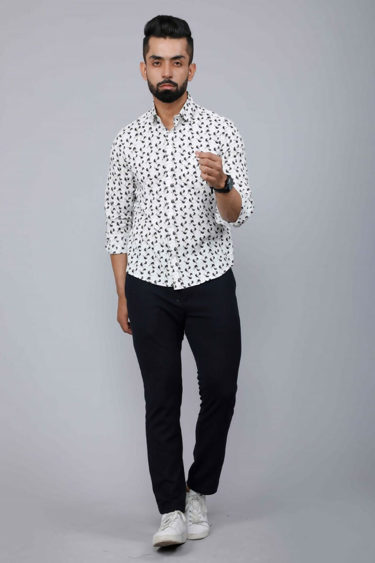 Miravan Men's White Spread Collar Bird Print Casual Shirt | Grocsy