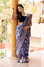 Joban Fashion Ink Blue Banarasi Soft Pure Handloom Banarasi Silk Saree | Grocsy