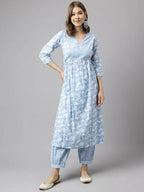 FIORRA Women's Blue Cotton A-Line Kurta Set | Grocsy