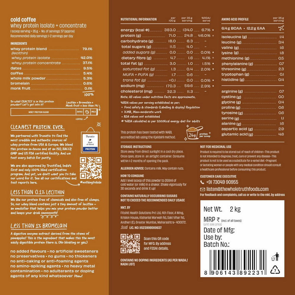 The Whole Truth Whey Protein Isolate+Concentrate - Cold Coffee | Grocsy
