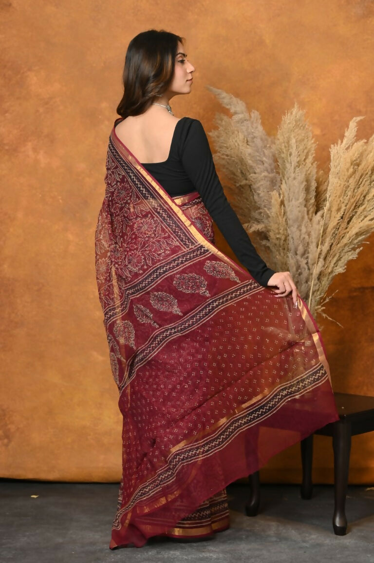 Very Much Indian Pure Kota Cotton Handblock Printed Saree - Red | Grocsy