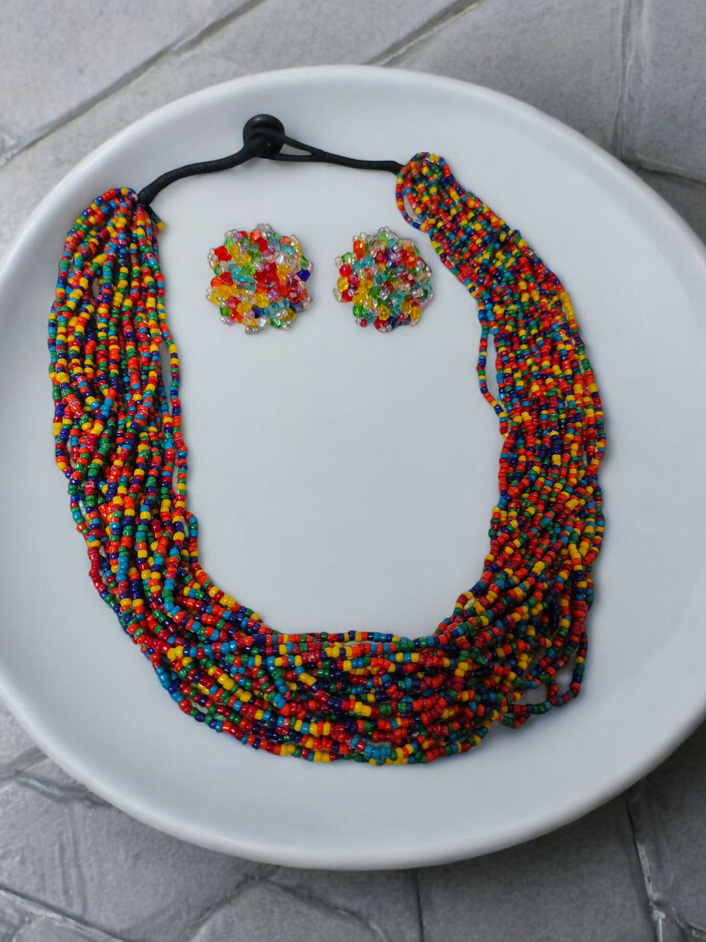 Inhanns Vibrant Handmade 20 Layers Beaded Necklace With Matching Earrings - Multi Colour | Grocsy