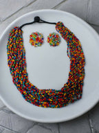 Inhanns Vibrant Handmade 20 Layers Beaded Necklace With Matching Earrings - Multi Colour | Grocsy