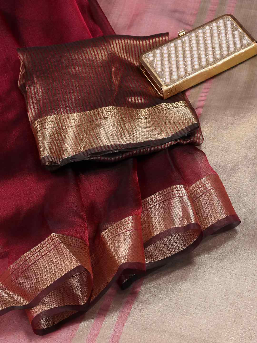 Shree Shyam Fashion Organza Maroon Saree | Grocsy