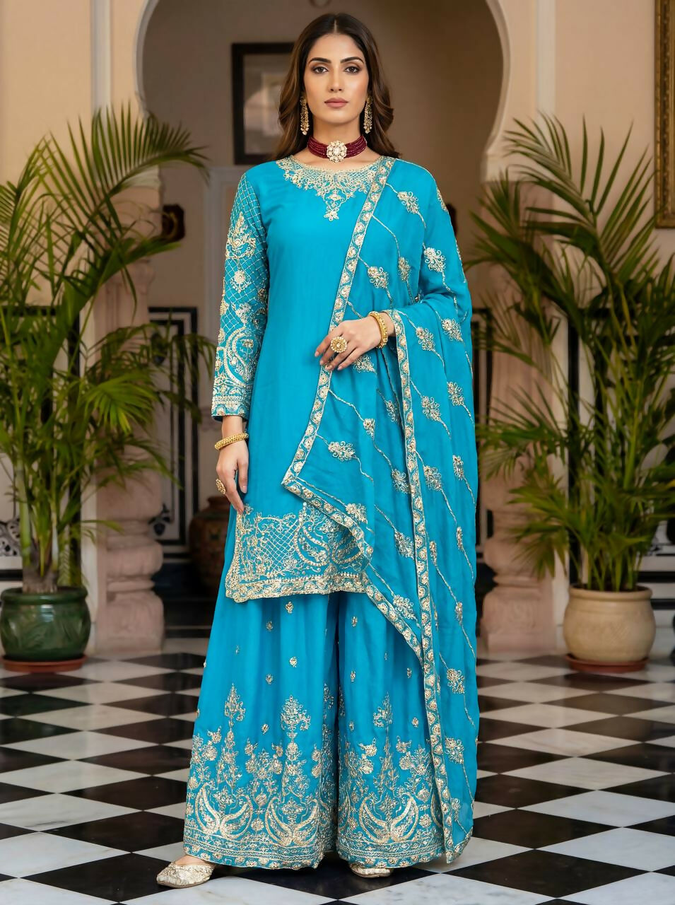 Joban Fashion Sky Silk Embroidered Sharara Set | Grocsy