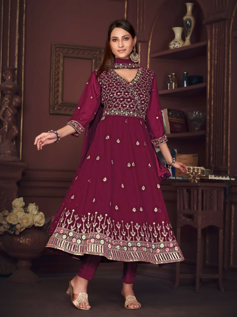 Jyoti Fashion Women's Rani Pink Georgette Embroidered Anarkali Kurta Pant Set With Dupatta | Grocsy
