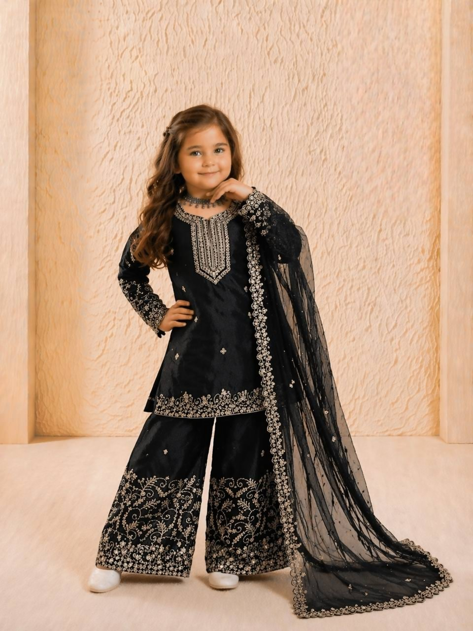 Teeya Creation New Kids Wedding Wear Heavy Embroidery Sequence Work Kurta Sharara Set-Black | Grocsy