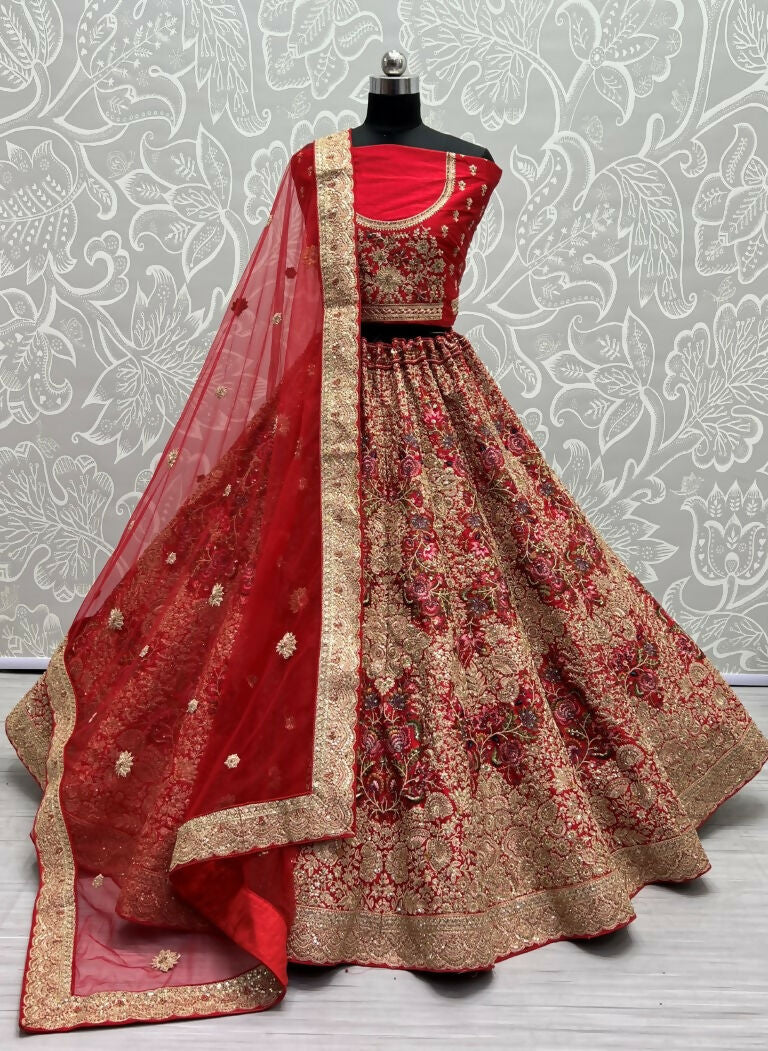 Jyoti Fashion Women's Red Silk Fancy Dori & Sequins Multi Thread Embroidered with Diamond Work Wedding Lehenga Choli | Grocsy