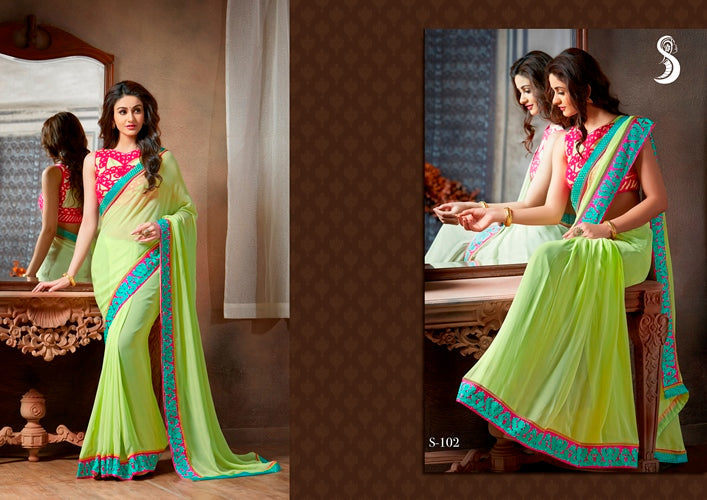 Vamika Light Green Designer Georgette Embroidery Saree | Grocsy