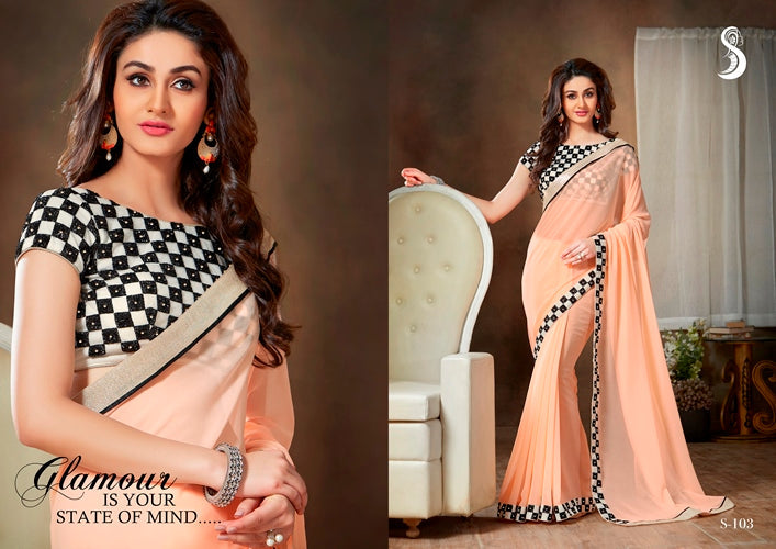 Vamika Peach Designer Georgette Embroidery Saree | Grocsy
