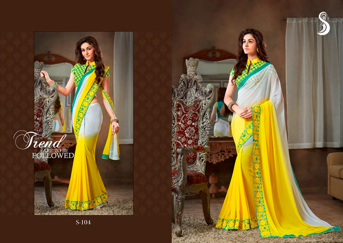 Vamika White & Yellow Designer Georgette Embroidery Saree | Grocsy