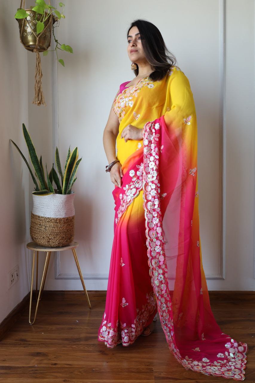 Teeya Creation Multi Color Georgette Party Wear Embroidery Work Saree | Grocsy