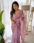 Teeya Creation Peach Color Organza Silk Wedding Wear Embroidery Sequence Work Saree | Grocsy
