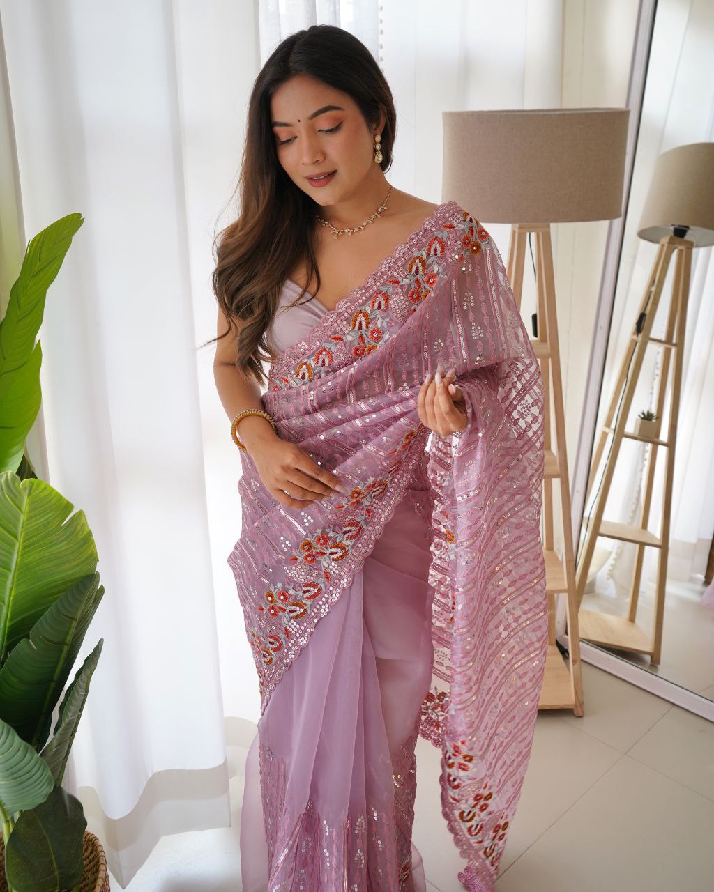 Teeya Creation Peach Color Organza Silk Wedding Wear Embroidery Sequence Work Saree | Grocsy