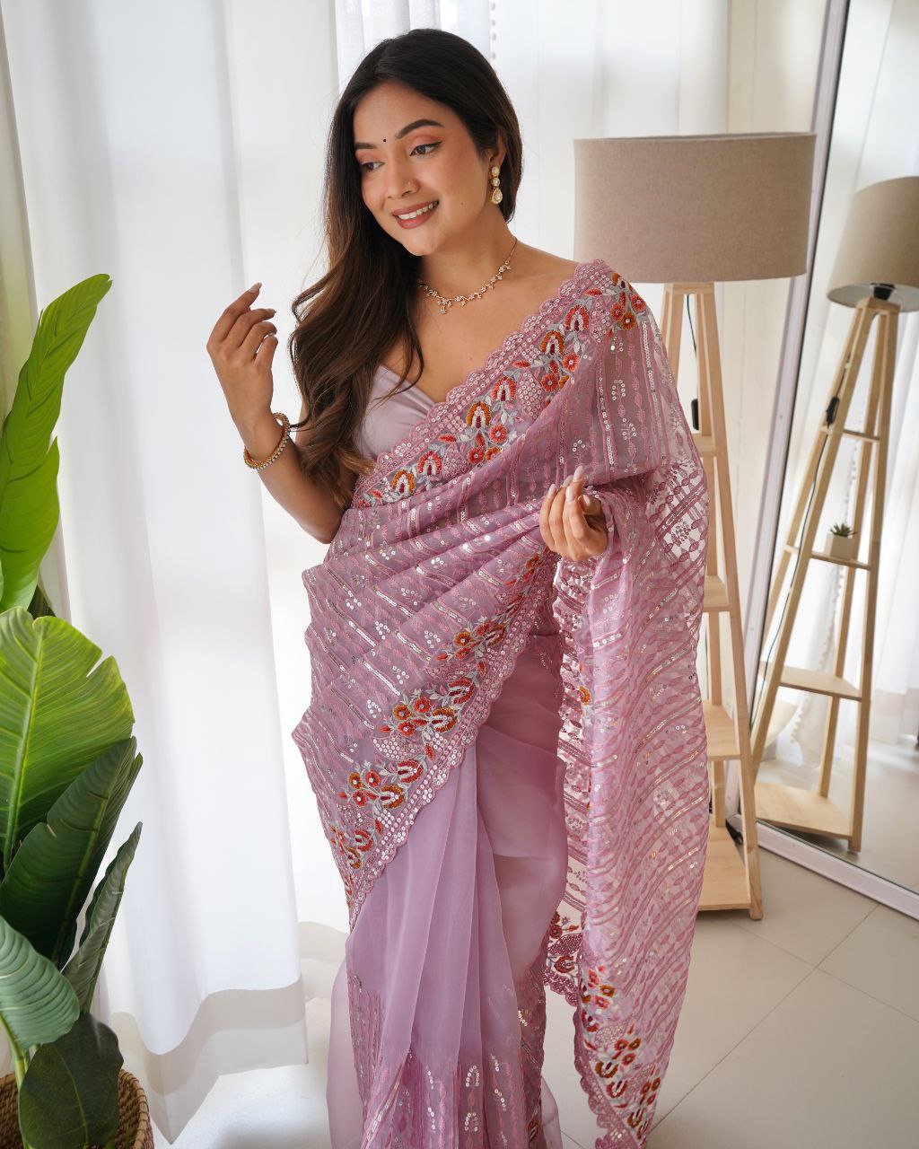 Teeya Creation Peach Color Organza Silk Wedding Wear Embroidery Sequence Work Saree | Grocsy