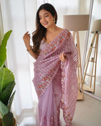 Teeya Creation Peach Color Organza Silk Wedding Wear Embroidery Sequence Work Saree | Grocsy