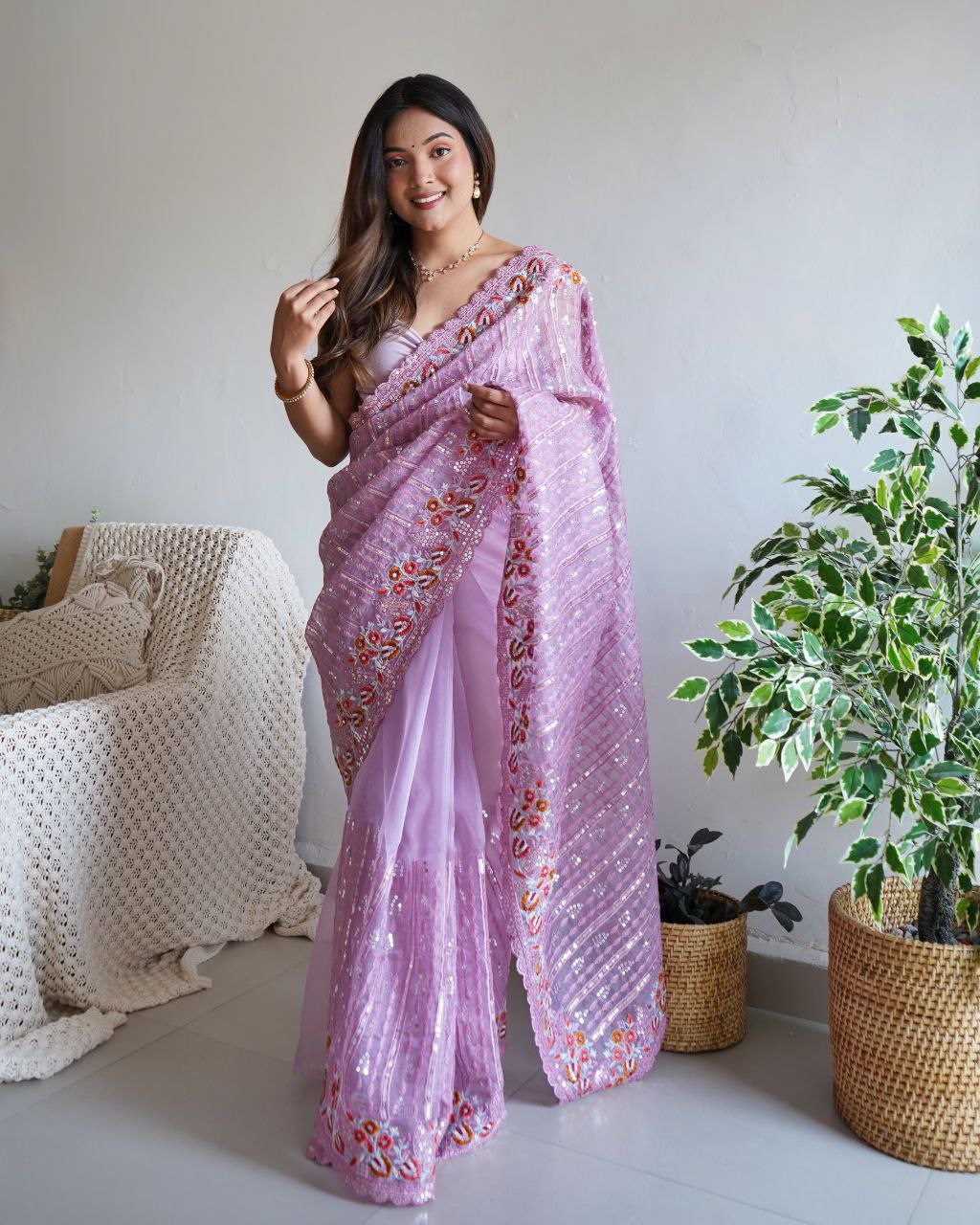 Teeya Creation Peach Color Organza Silk Wedding Wear Embroidery Sequence Work Saree | Grocsy