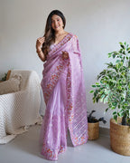 Teeya Creation Peach Color Organza Silk Wedding Wear Embroidery Sequence Work Saree | Grocsy