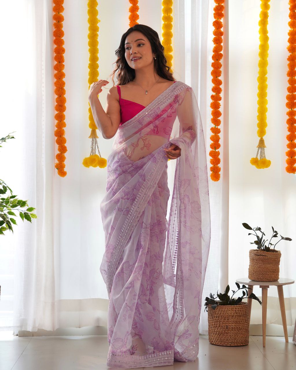 Teeya Creation Light Purple Color digital print with embroidery work saree | Grocsy