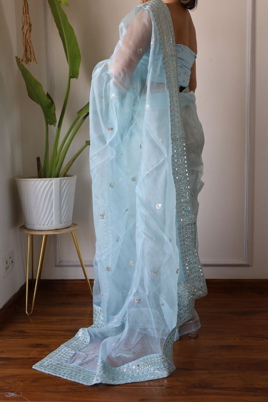 Teeya Creation Light Sky Color Organza Silk Embroidery Work Saree | Grocsy