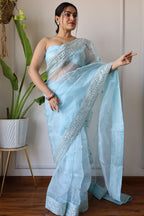 Teeya Creation Light Sky Color Organza Silk Embroidery Work Saree | Grocsy