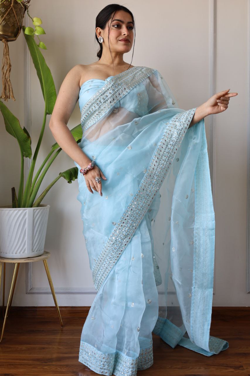 Teeya Creation Light Sky Color Organza Silk Embroidery Work Saree | Grocsy
