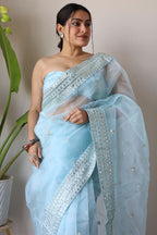 Teeya Creation Light Sky Color Organza Silk Embroidery Work Saree | Grocsy