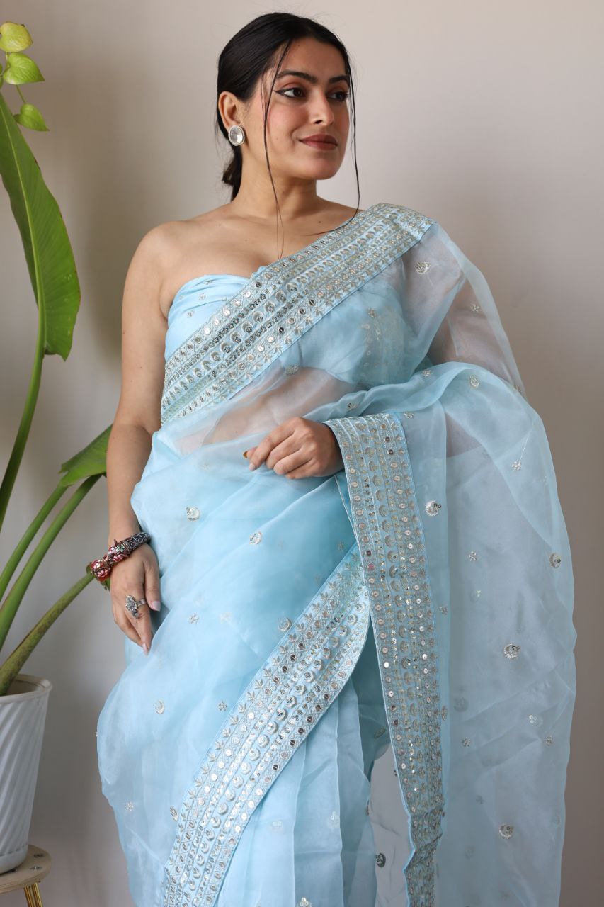 Teeya Creation Light Sky Color Organza Silk Embroidery Work Saree | Grocsy