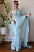 Teeya Creation Light Sky Color Organza Silk Embroidery Work Saree | Grocsy