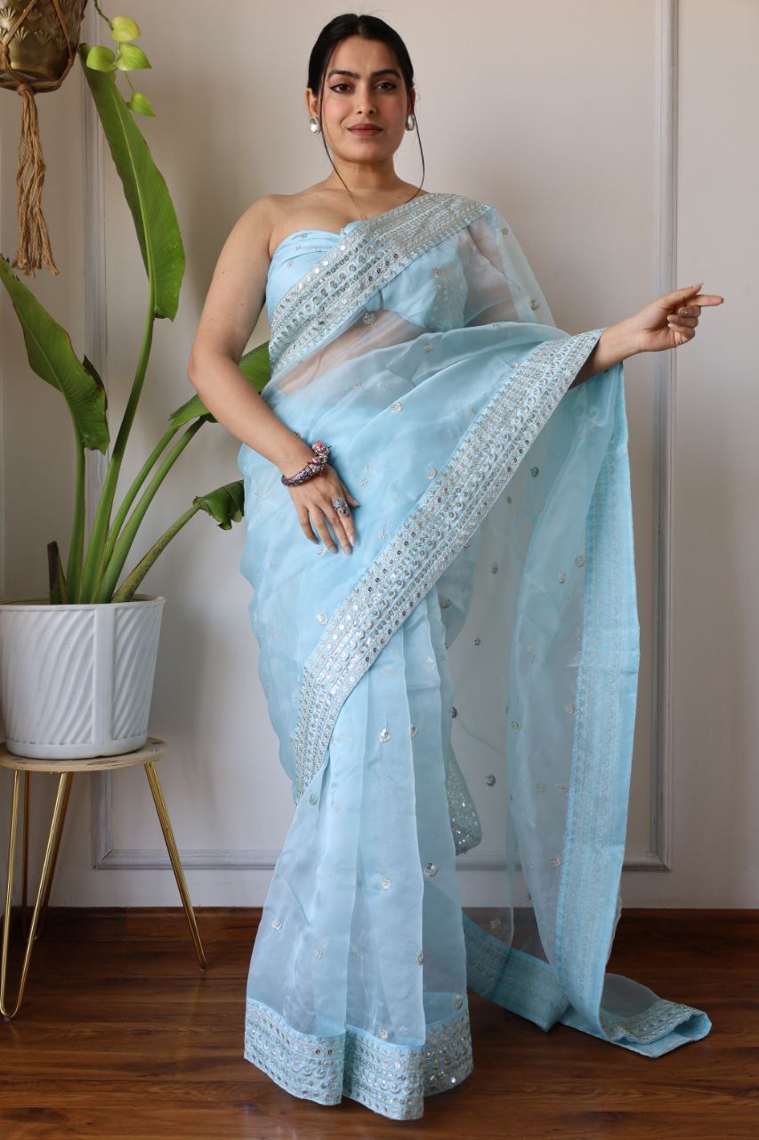 Teeya Creation Light Sky Color Organza Silk Embroidery Work Saree | Grocsy
