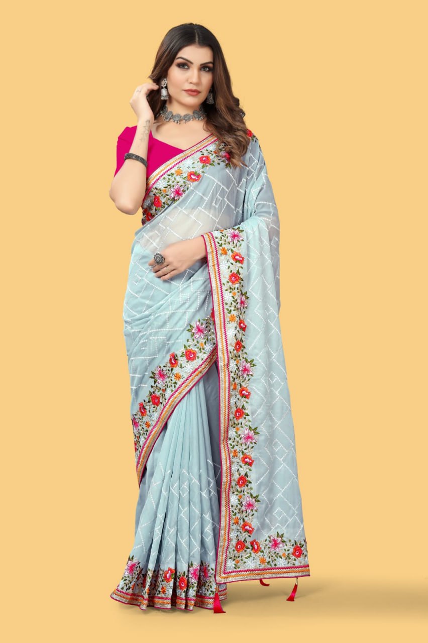 Teeya Creation Sky Blue Color floral embroidery work design saree | Grocsy