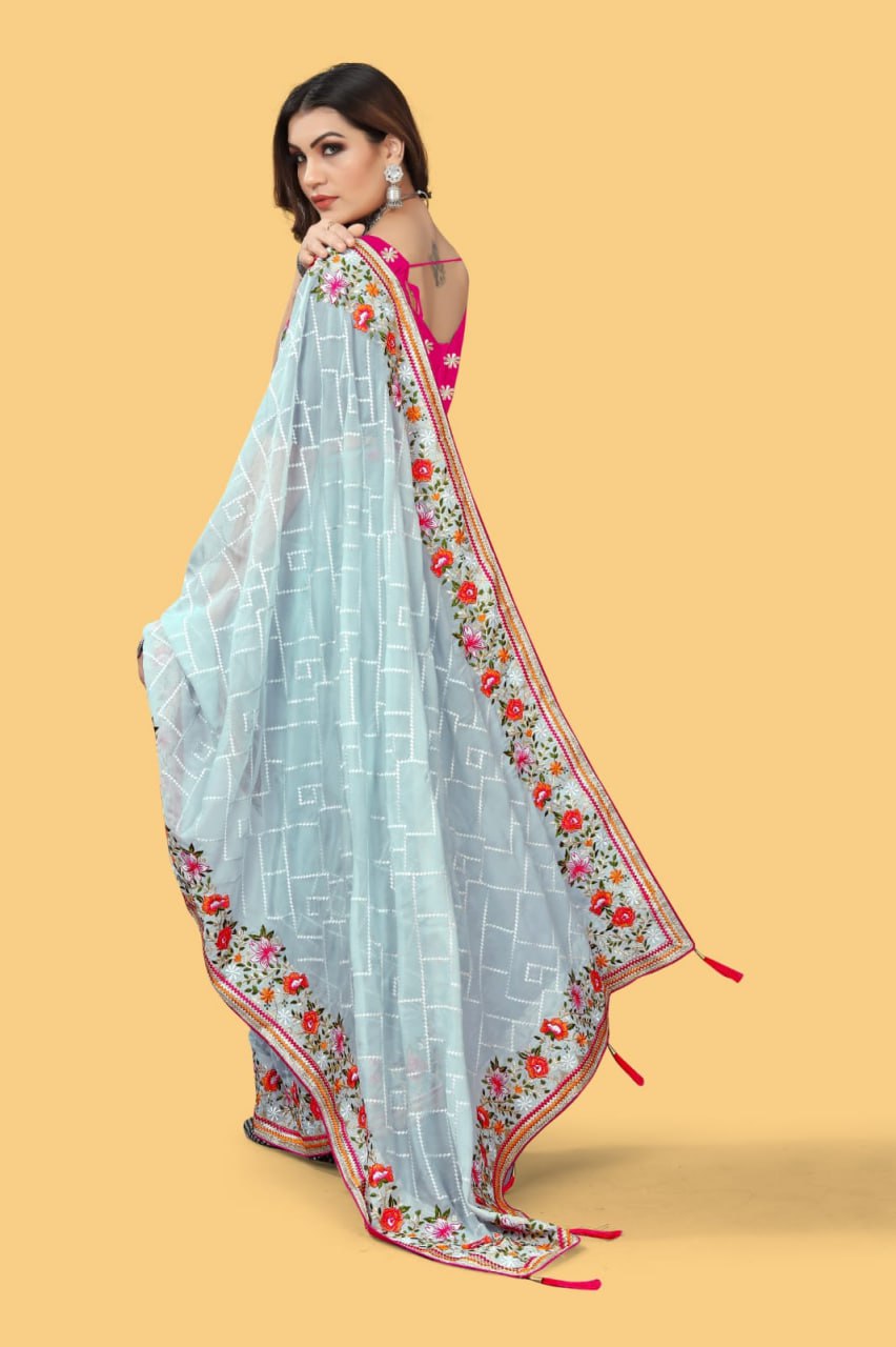 Teeya Creation Sky Blue Color floral embroidery work design saree | Grocsy