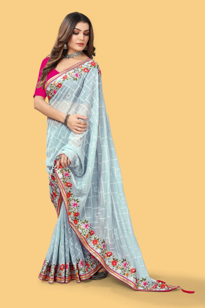 Teeya Creation Sky Blue Color floral embroidery work design saree | Grocsy