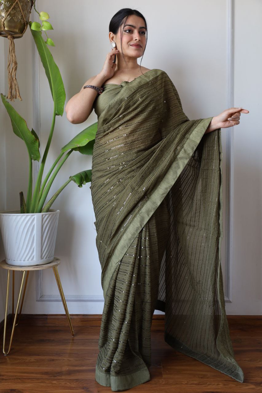 Teeya Creation Mahendi Color Georgette Fabric Heavy Embroidery Work Saree | Grocsy
