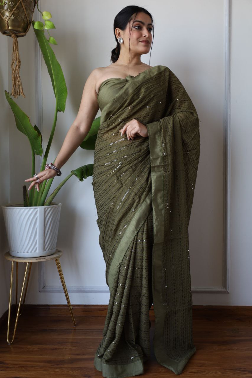 Teeya Creation Mahendi Color Georgette Fabric Heavy Embroidery Work Saree | Grocsy