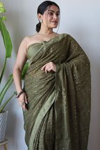 Teeya Creation Mahendi Color Georgette Fabric Heavy Embroidery Work Saree | Grocsy