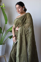 Teeya Creation Mahendi Color Georgette Fabric Heavy Embroidery Work Saree | Grocsy