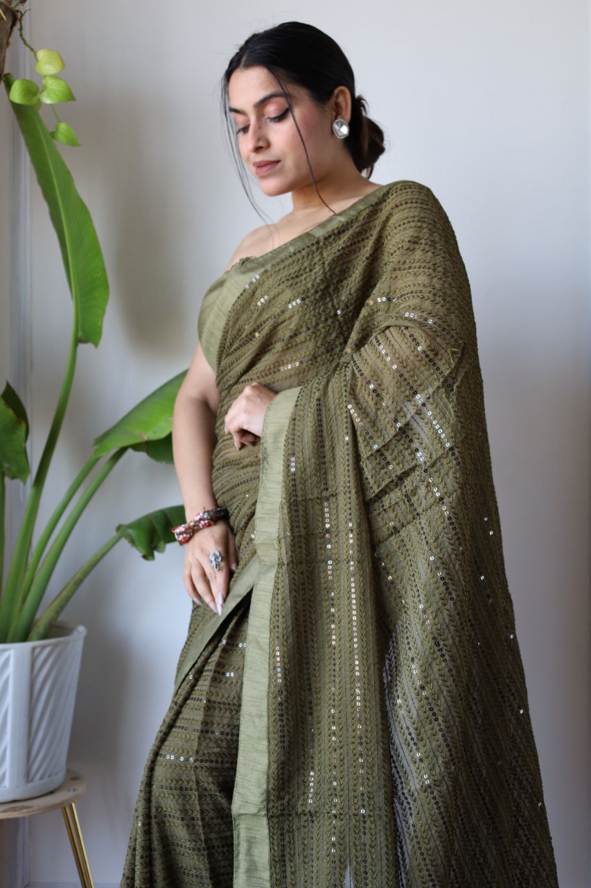 Teeya Creation Mahendi Color Georgette Fabric Heavy Embroidery Work Saree | Grocsy