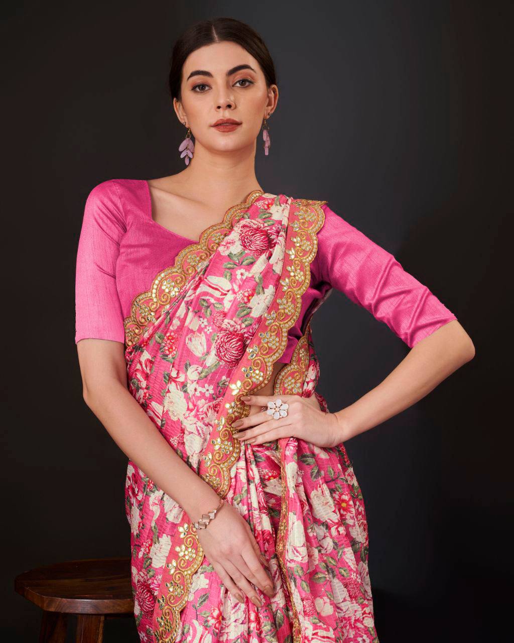 Teeya Creation Pink Color Vichitra Silk Digital Print With Embroidery Work Saree | Grocsy