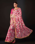Teeya Creation Pink Color Vichitra Silk Digital Print With Embroidery Work Saree | Grocsy