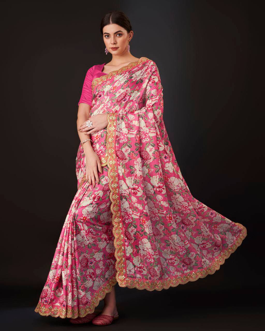 Teeya Creation Pink Color Vichitra Silk Digital Print With Embroidery Work Saree | Grocsy