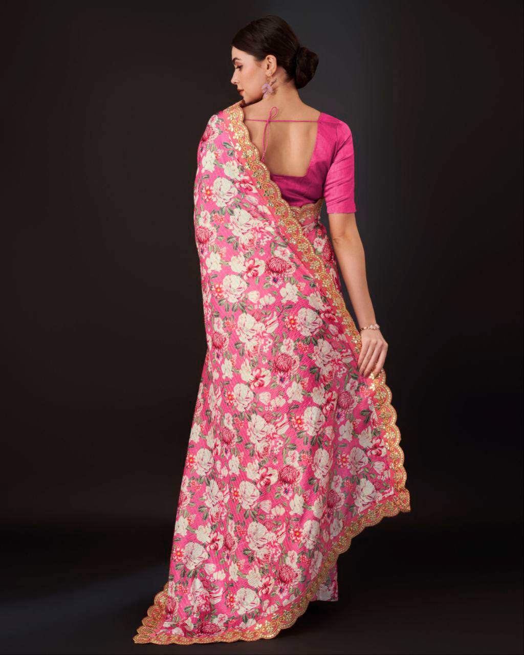 Teeya Creation Pink Color Vichitra Silk Digital Print With Embroidery Work Saree | Grocsy