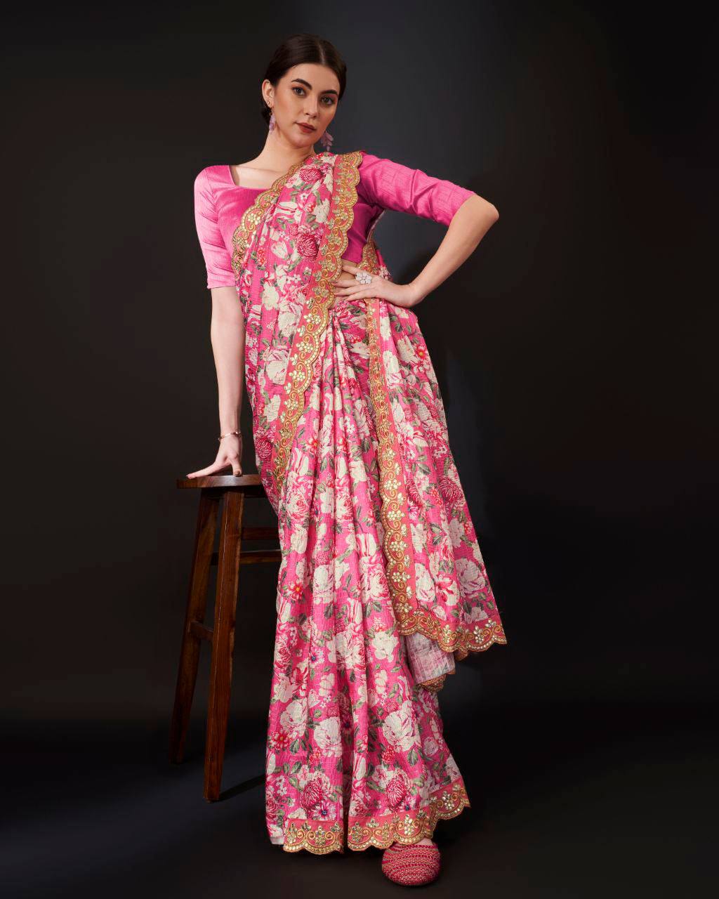 Teeya Creation Pink Color Vichitra Silk Digital Print With Embroidery Work Saree | Grocsy