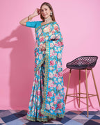 Teeya Creation Sky Blue Color Vichitra Silk Digital Print With Embroidery Work Saree | Grocsy