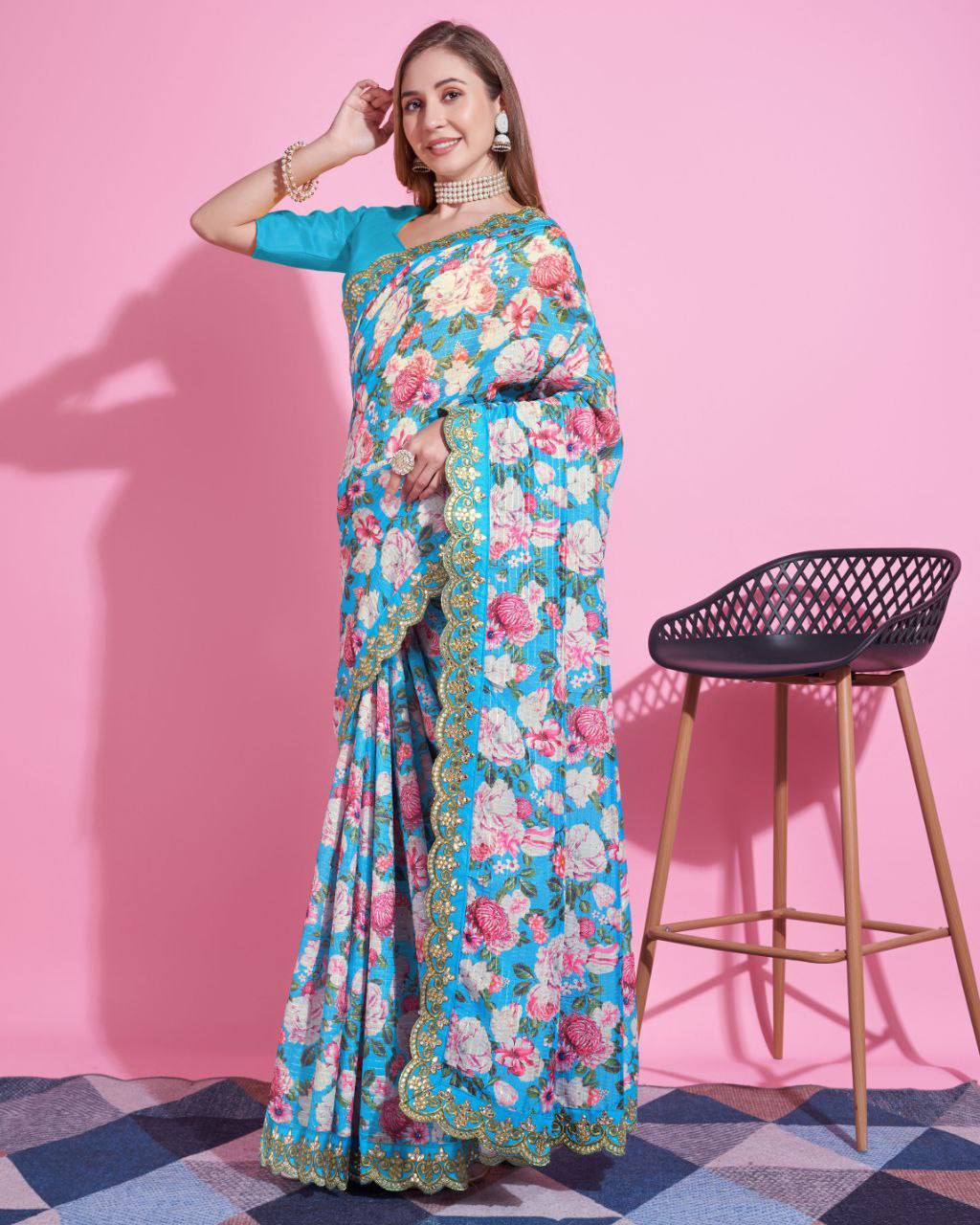 Teeya Creation Sky Blue Color Vichitra Silk Digital Print With Embroidery Work Saree | Grocsy