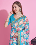 Teeya Creation Sky Blue Color Vichitra Silk Digital Print With Embroidery Work Saree | Grocsy